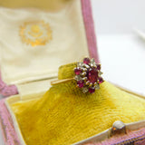 9ct Yellow Gold, Ruby & Diamond Floral Cluster Ring Vintage 1977 London