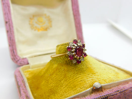 9ct Yellow Gold, Ruby & Diamond Floral Cluster Ring Vintage 1977 London