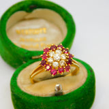 18ct Yellow Gold, Ruby & Diamond Set Floral Cluster Ring Vintage c1970
