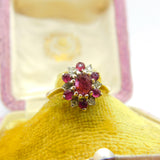 9ct Yellow Gold, Ruby & Diamond Floral Cluster Ring Vintage 1977 London