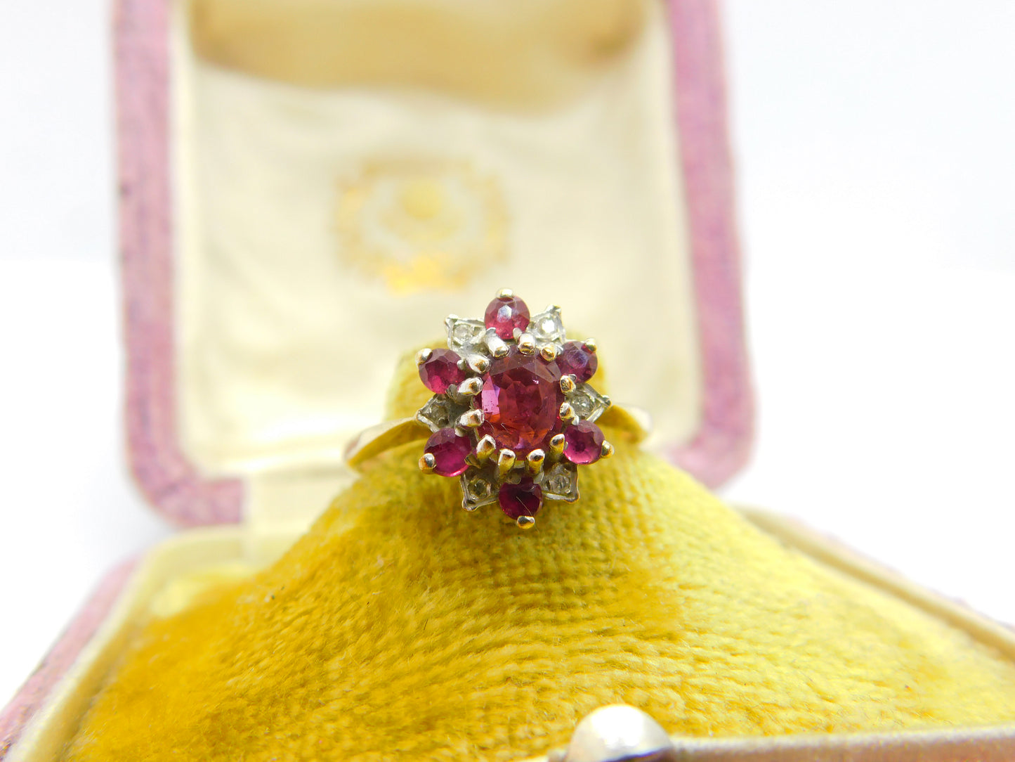 9ct Yellow Gold, Ruby & Diamond Floral Cluster Ring Vintage 1977 London