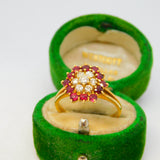 18ct Yellow Gold, Ruby & Diamond Set Floral Cluster Ring Vintage c1970
