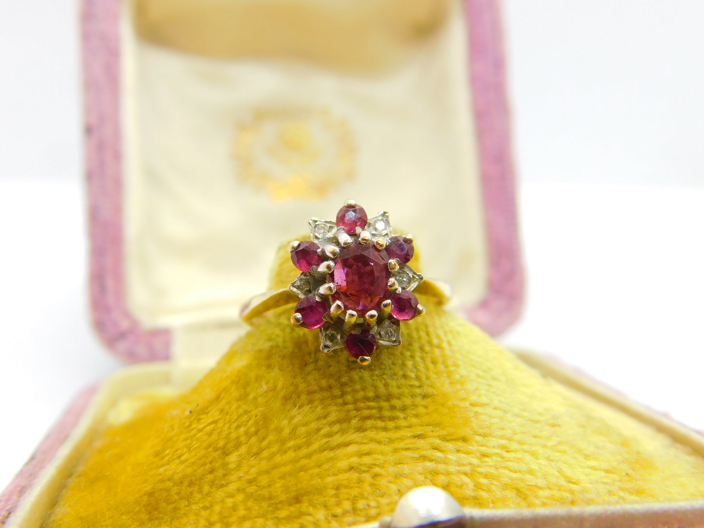 9ct Yellow Gold, Ruby & Diamond Floral Cluster Ring Vintage 1977 London