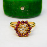 18ct Yellow Gold, Ruby & Diamond Set Floral Cluster Ring Vintage c1970