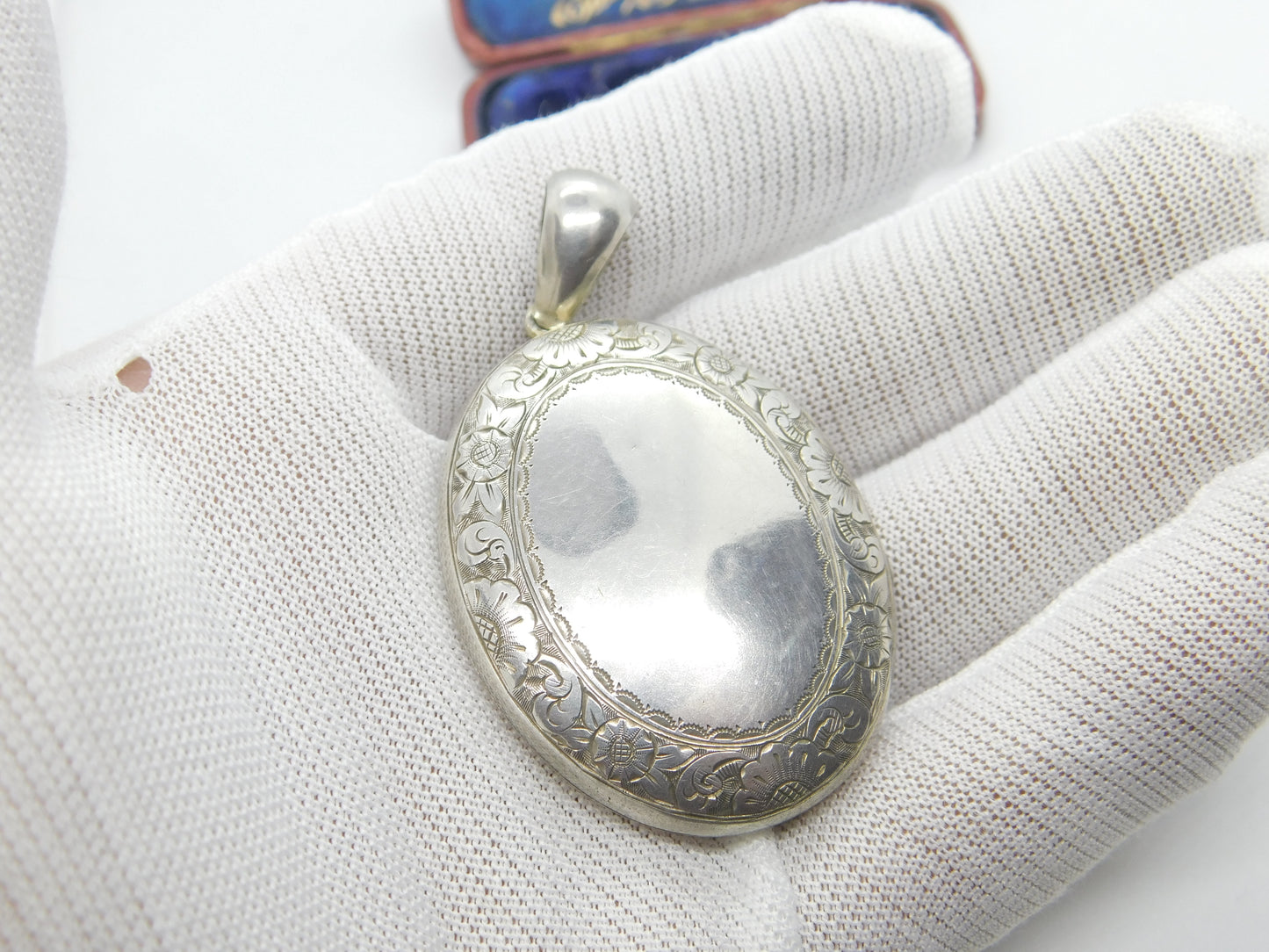 Large Victorian Sterling Silver 'E' Initial Monogram Floral Locket Antique c1880