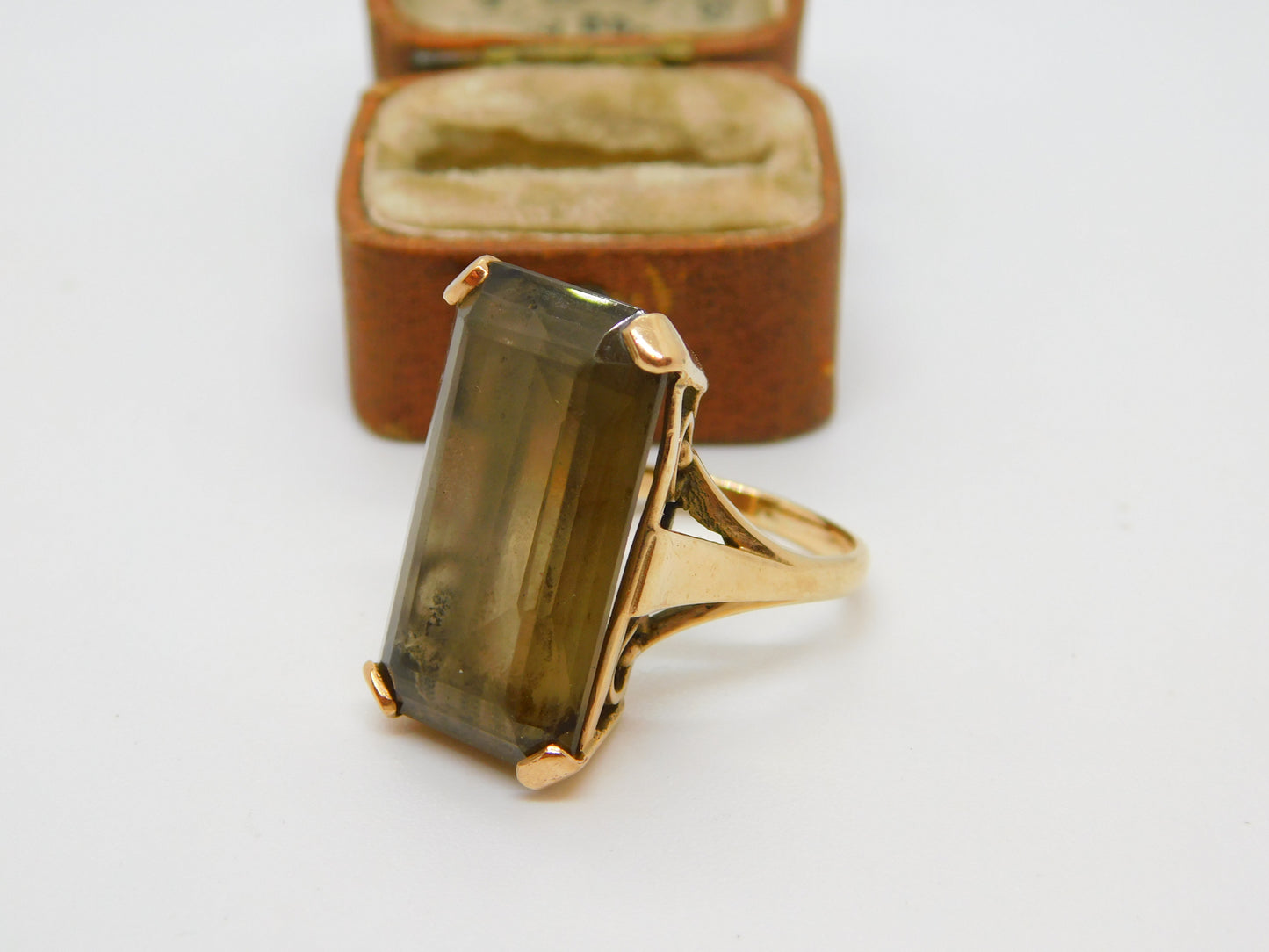 9ct Yellow Gold Emerald Cut Smoky Quartz Cocktail Ring Vintage 1964 London