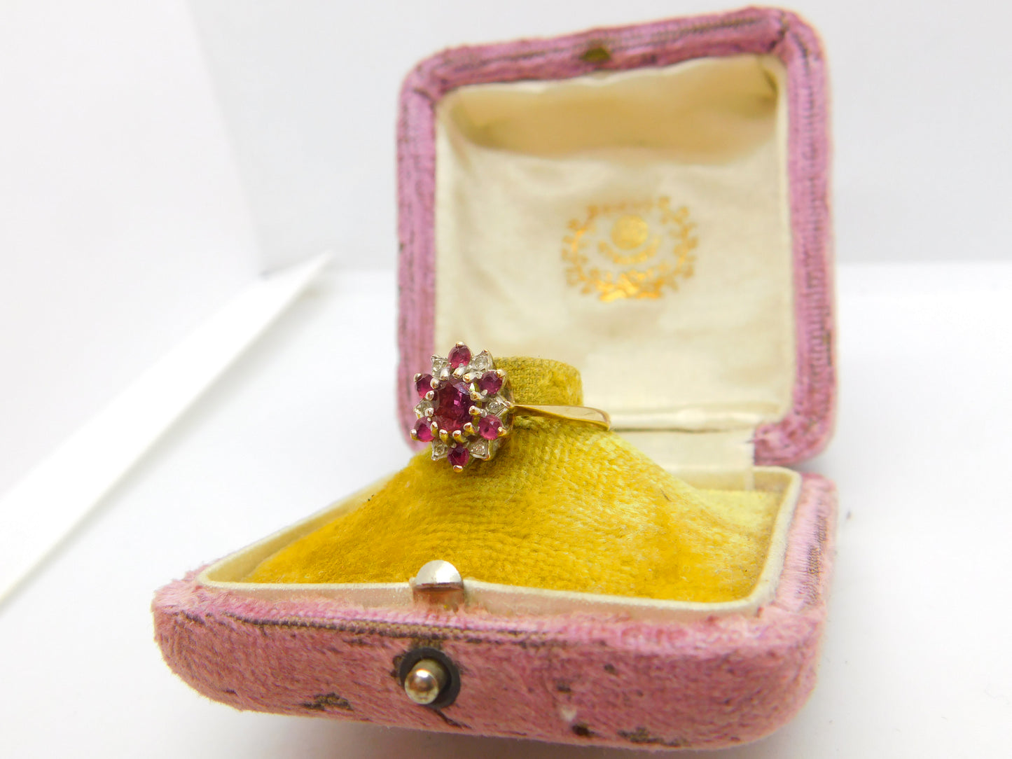 9ct Yellow Gold, Ruby & Diamond Floral Cluster Ring Vintage 1977 London