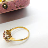 9ct Yellow Gold, Ruby & Diamond Floral Cluster Ring Vintage 1977 London