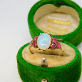 Victorian 9ct Rose Gold, White Opal & Ruby Set Dress Ring Antique c1900