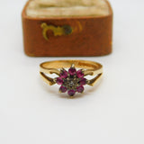 9ct Yellow Gold, Ruby & Diamond Set Floral Cluster Ring 1979 Birmingham Vintage