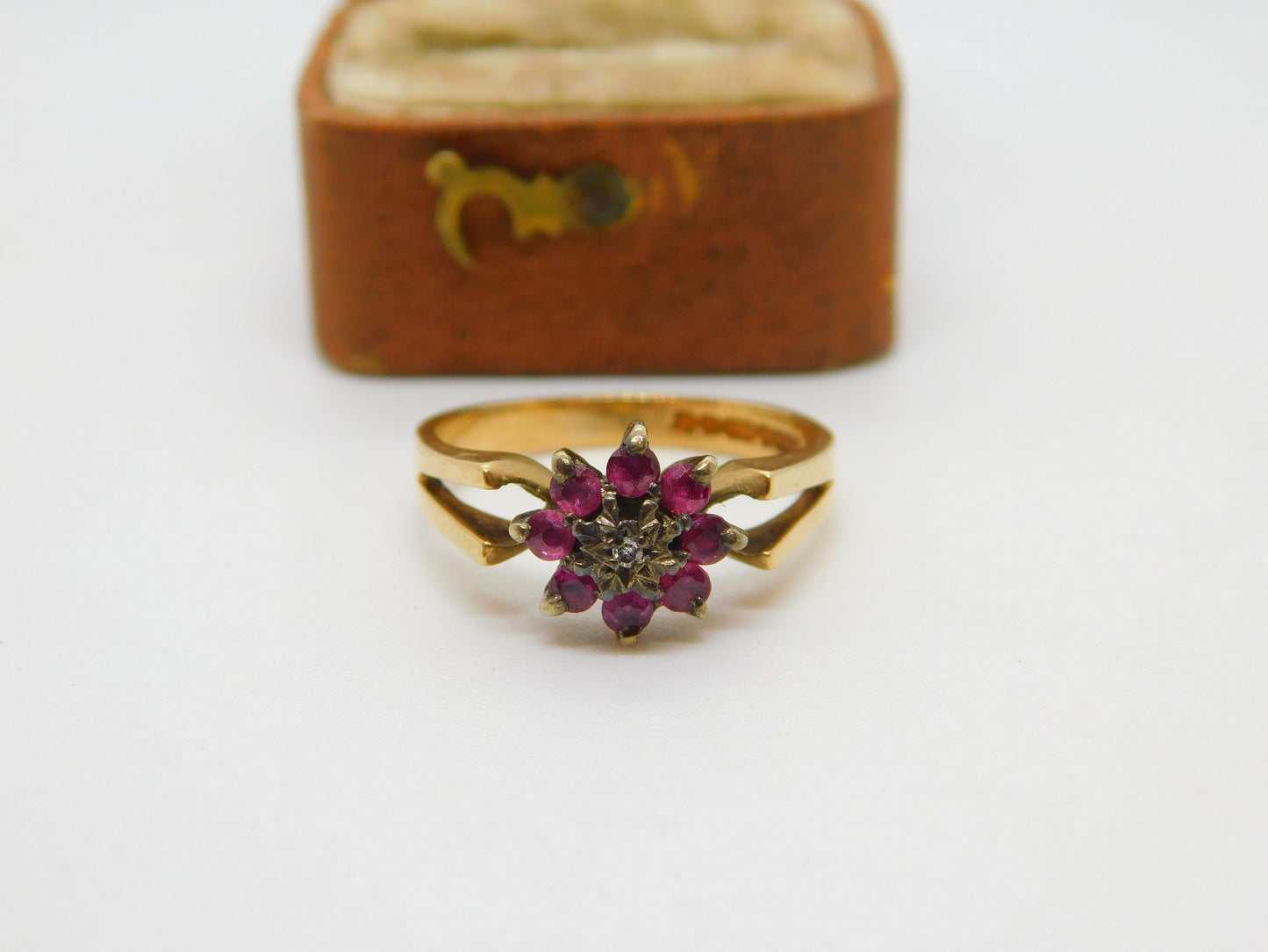 9ct Yellow Gold, Ruby & Diamond Set Floral Cluster Ring 1979 Birmingham Vintage