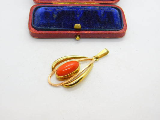 14ct Yellow Gold Cabochon Red Coral Floral Drop Pendant Vintage c1960