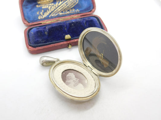 Victorian Sterling Silver Sweetheart Locket with Baby Picture & Hair Lock c1880
