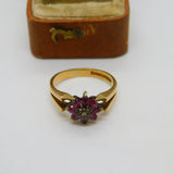 9ct Yellow Gold, Ruby & Diamond Set Floral Cluster Ring 1979 Birmingham Vintage