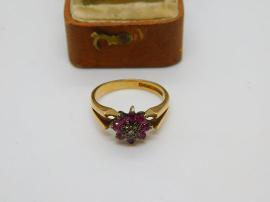 9ct Yellow Gold, Ruby & Diamond Set Floral Cluster Ring 1979 Birmingham Vintage