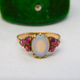 Victorian 9ct Rose Gold, White Opal & Ruby Set Dress Ring Antique c1900
