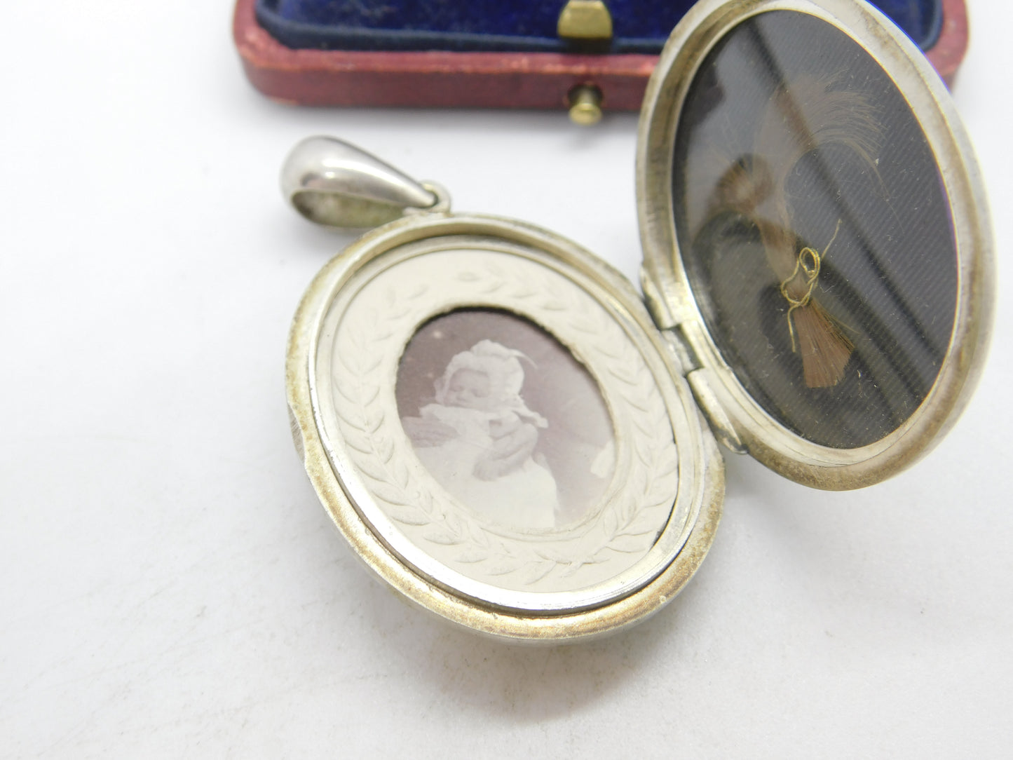 Victorian Sterling Silver Sweetheart Locket with Baby Picture & Hair Lock c1880