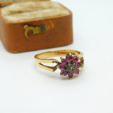 9ct Yellow Gold, Ruby & Diamond Set Floral Cluster Ring 1979 Birmingham Vintage