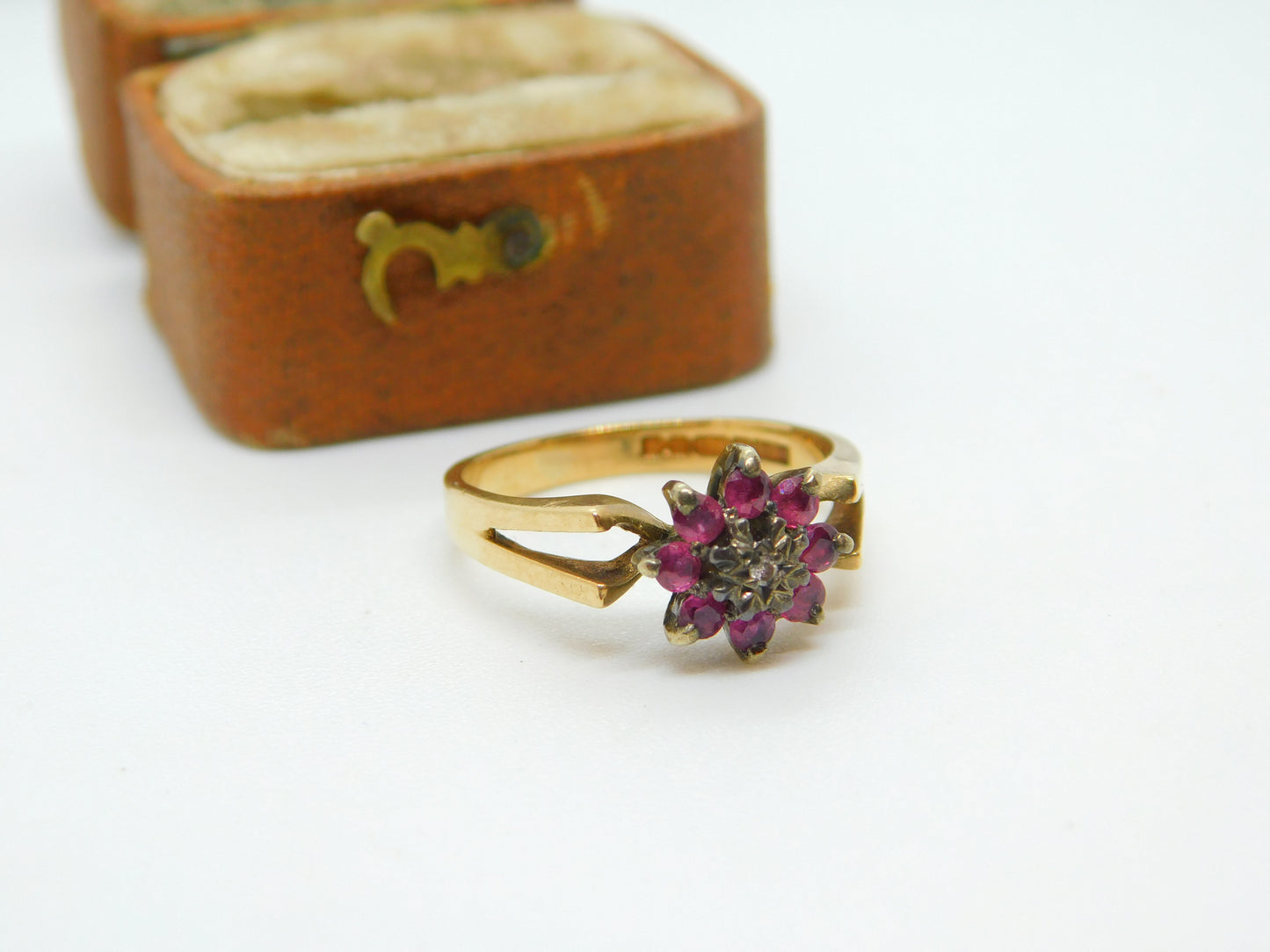 9ct Yellow Gold, Ruby & Diamond Set Floral Cluster Ring 1979 Birmingham Vintage