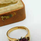 9ct Yellow Gold, Ruby & Diamond Set Floral Cluster Ring 1979 Birmingham Vintage