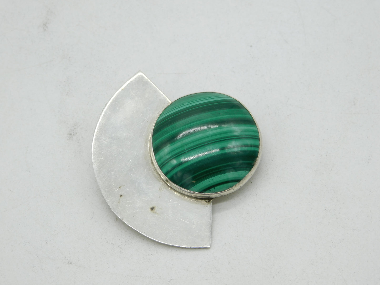 Great Falls Metal Works Sterling Silver Malachite Absract Brooch Vintage c1970