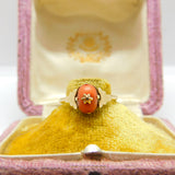 Edwardian 9ct Gold, Cabochon Coral & Diamond Band Ring Antique c1910
