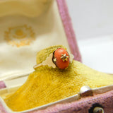 Edwardian 9ct Gold, Cabochon Coral & Diamond Band Ring Antique c1910