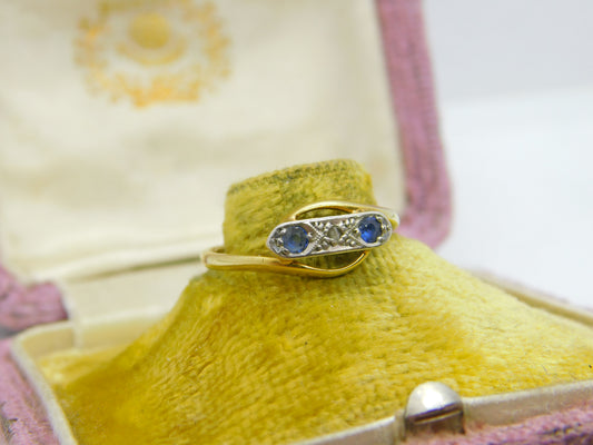 Victorian 18ct Yellow Gold, Diamond & Sapphire Crossover Ring Antique c1890