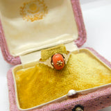 Edwardian 9ct Gold, Cabochon Coral & Diamond Band Ring Antique c1910