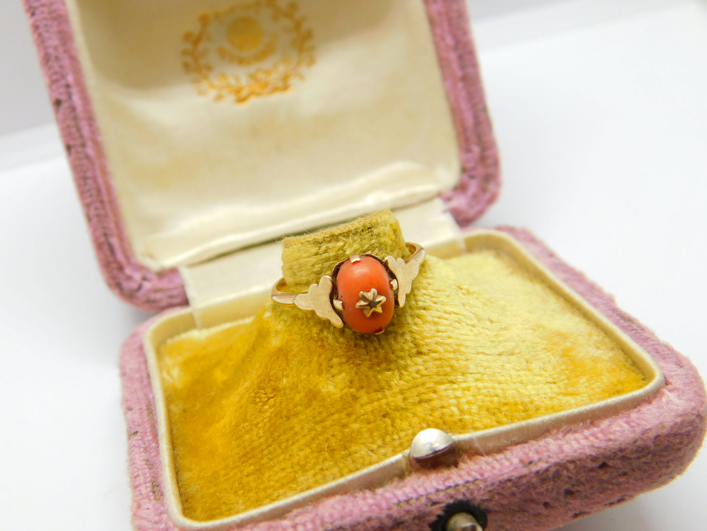 Edwardian 9ct Gold, Cabochon Coral & Diamond Band Ring Antique c1910