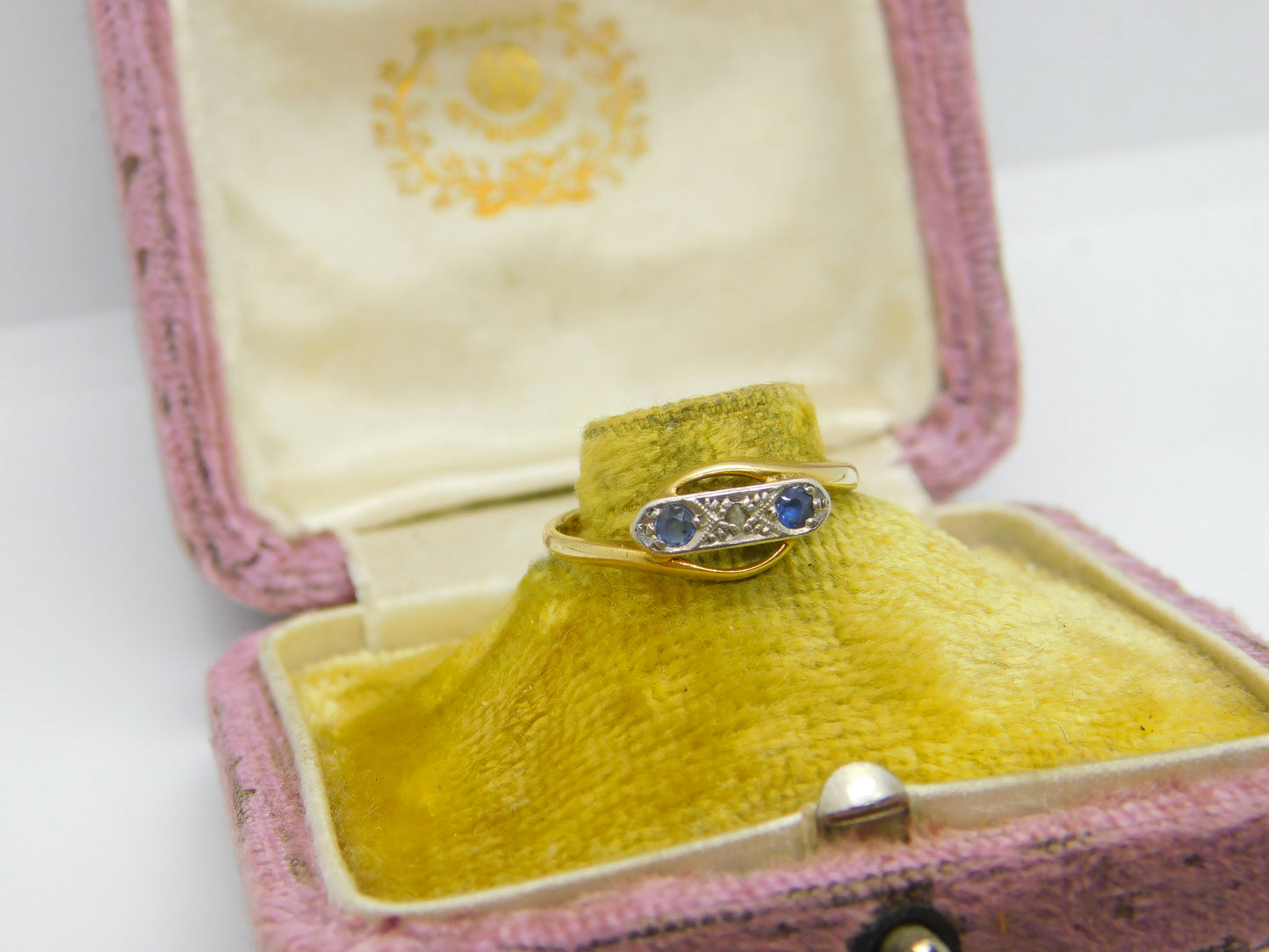 Victorian 18ct Yellow Gold, Diamond & Sapphire Crossover Ring Antique c1890