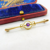 15ct Yellow Gold, Seed Pearl & Amethyst Sweetheart Brooch c1910 Antique