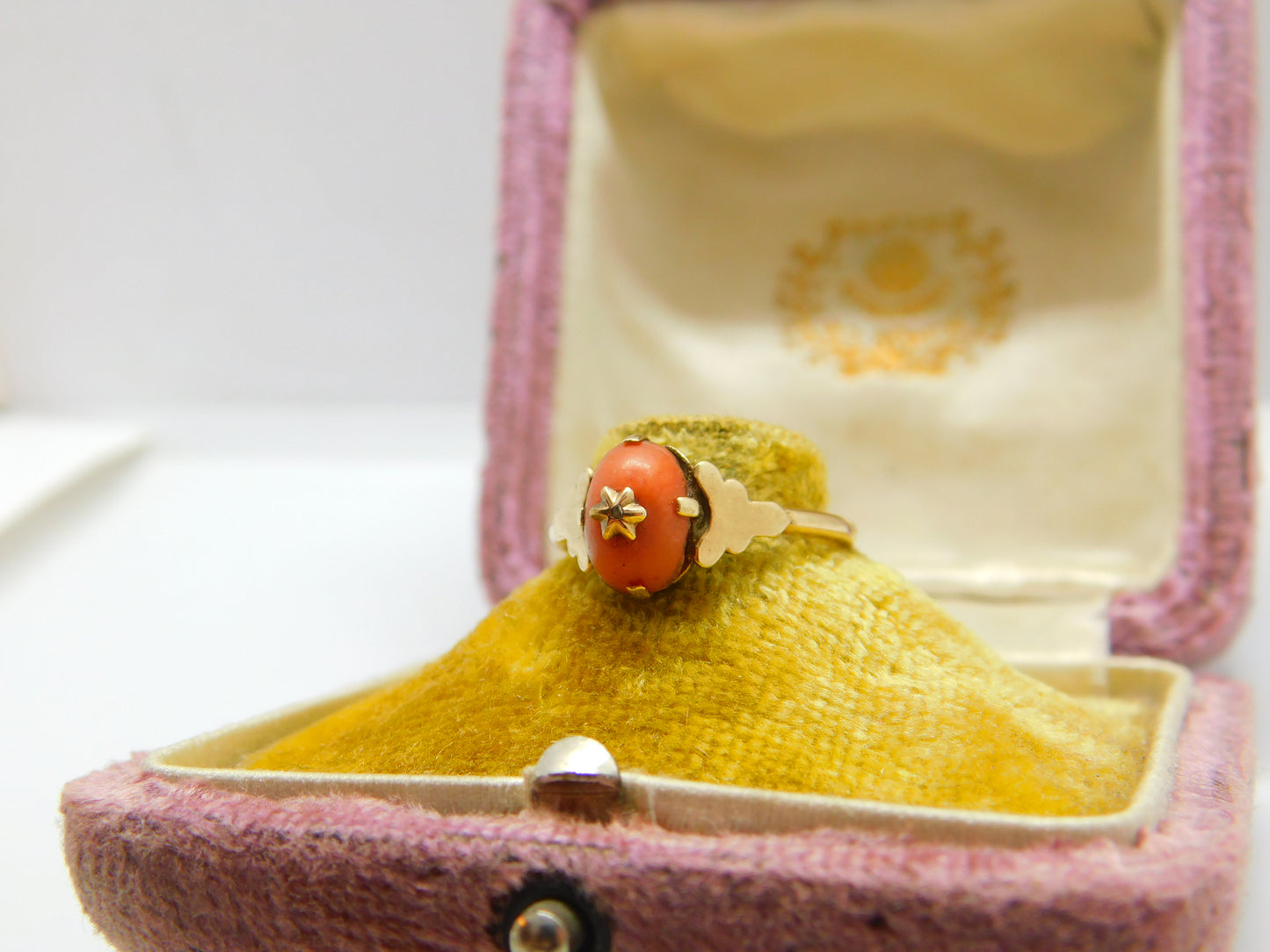 Edwardian 9ct Gold, Cabochon Coral & Diamond Band Ring Antique c1910