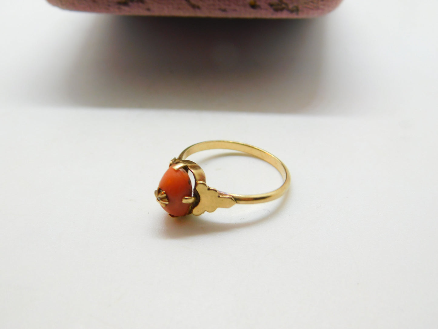 Edwardian 9ct Gold, Cabochon Coral & Diamond Band Ring Antique c1910