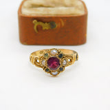 Victorian 15ct Gold, Garnet, Seed Pearl & Emerald Dress Ring 1888 Birmingham