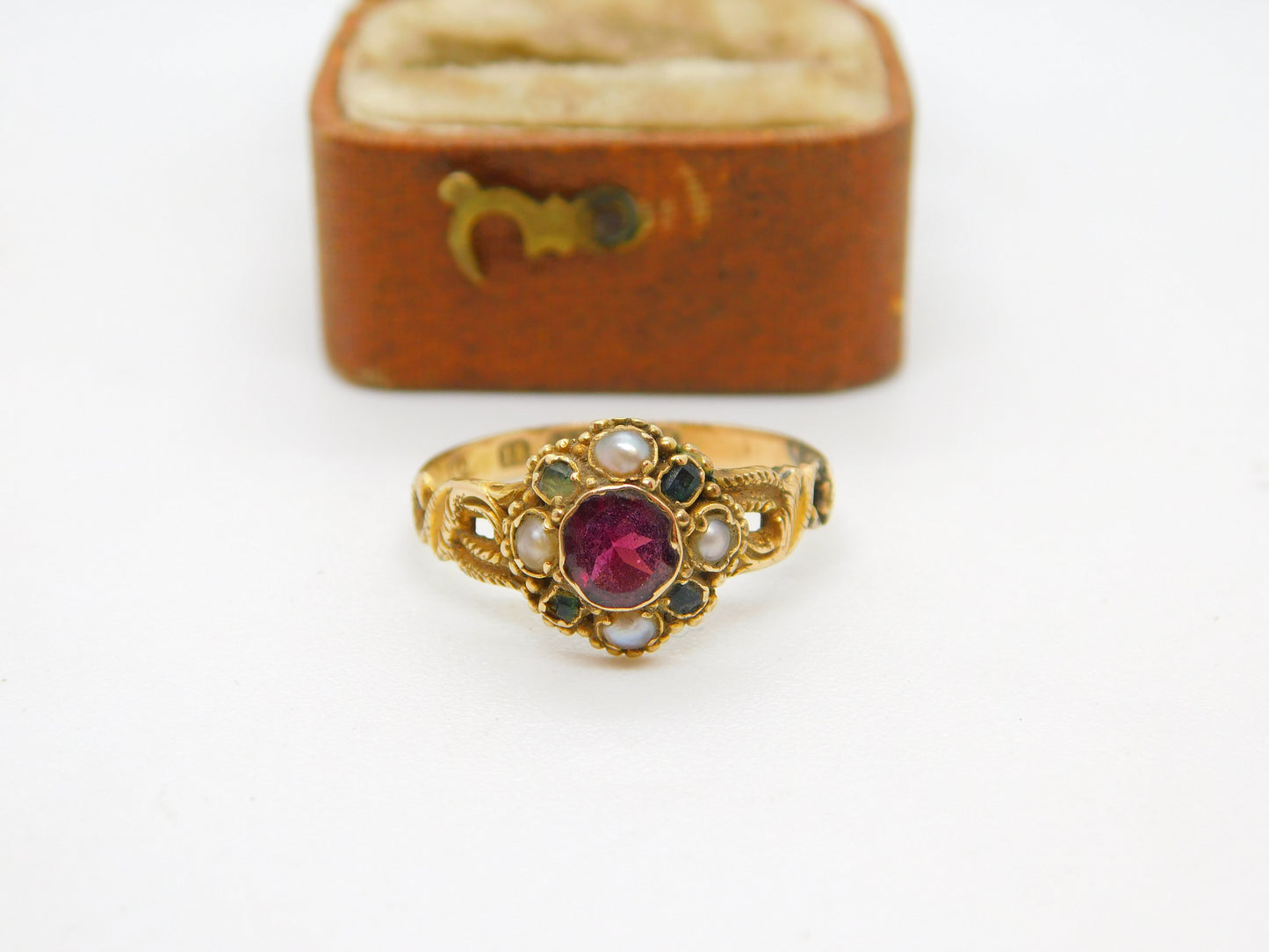 Victorian 15ct Gold, Garnet, Seed Pearl & Emerald Dress Ring 1888 Birmingham