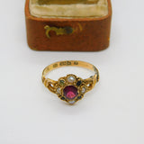 Victorian 15ct Gold, Garnet, Seed Pearl & Emerald Dress Ring 1888 Birmingham