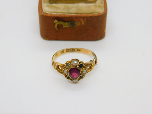 Victorian 15ct Gold, Garnet, Seed Pearl & Emerald Dress Ring 1888 Birmingham