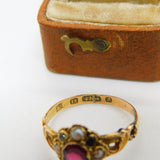 Victorian 15ct Gold, Garnet, Seed Pearl & Emerald Dress Ring 1888 Birmingham