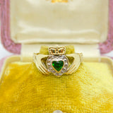 9ct Yellow Gold Heart Claddagh Ring with Emerald Paste Vintage c1980 Birmingham