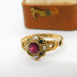 Victorian 15ct Gold, Garnet, Seed Pearl & Emerald Dress Ring 1888 Birmingham