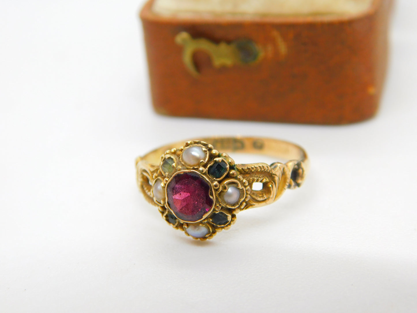 Victorian 15ct Gold, Garnet, Seed Pearl & Emerald Dress Ring 1888 Birmingham