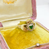 9ct Yellow Gold Heart Claddagh Ring with Emerald Paste Vintage c1980 Birmingham