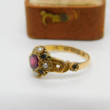 Victorian 15ct Gold, Garnet, Seed Pearl & Emerald Dress Ring 1888 Birmingham