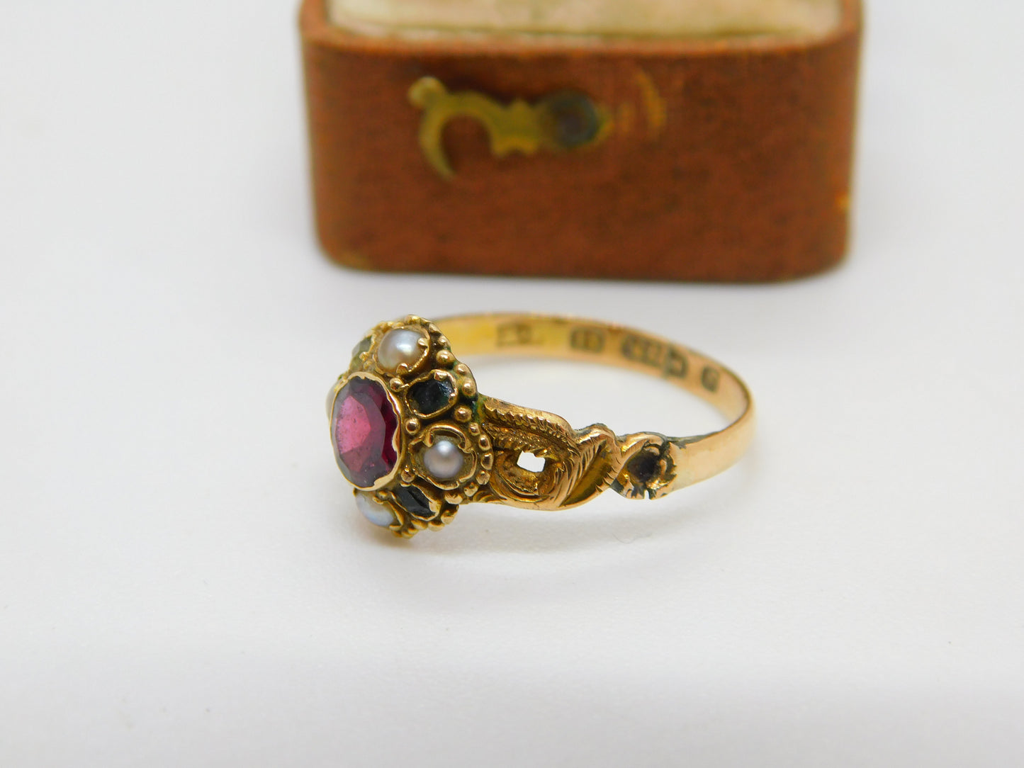 Victorian 15ct Gold, Garnet, Seed Pearl & Emerald Dress Ring 1888 Birmingham