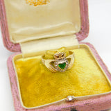 9ct Yellow Gold Heart Claddagh Ring with Emerald Paste Vintage c1980 Birmingham