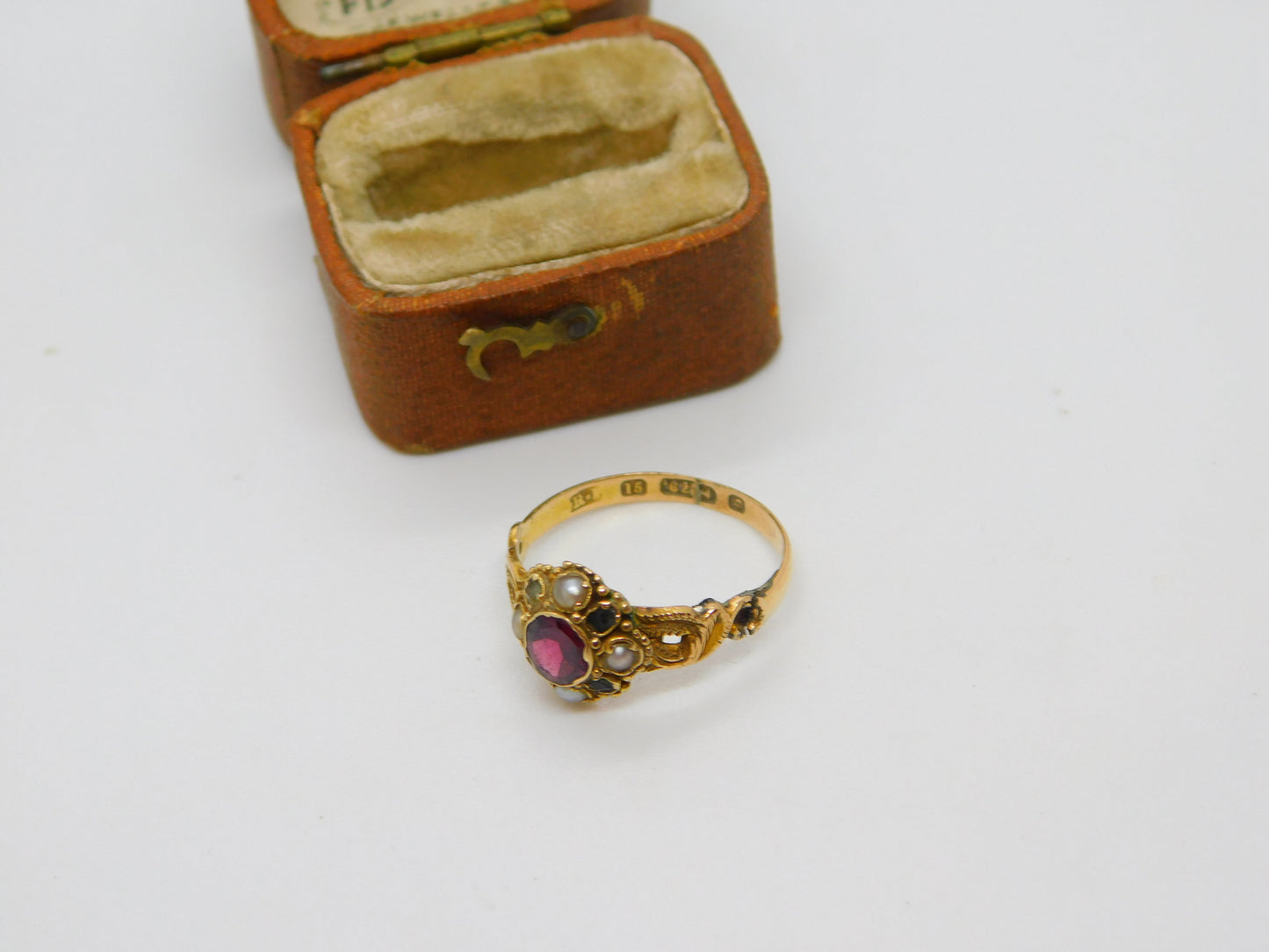 Victorian 15ct Gold, Garnet, Seed Pearl & Emerald Dress Ring 1888 Birmingham