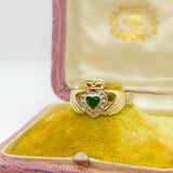 9ct Yellow Gold Heart Claddagh Ring with Emerald Paste Vintage c1980 Birmingham