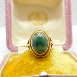 9ct Yellow Gold & Cabochon Moss Agate Signet Ring Vintage c1960 Size O UK