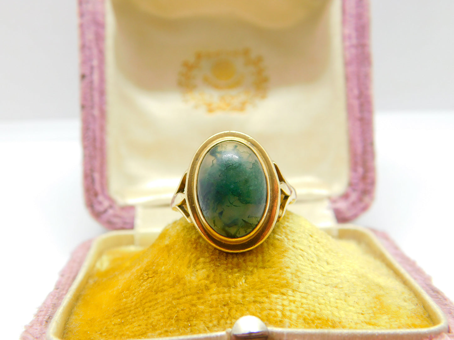 9ct Yellow Gold & Cabochon Moss Agate Signet Ring Vintage c1960 Size O UK